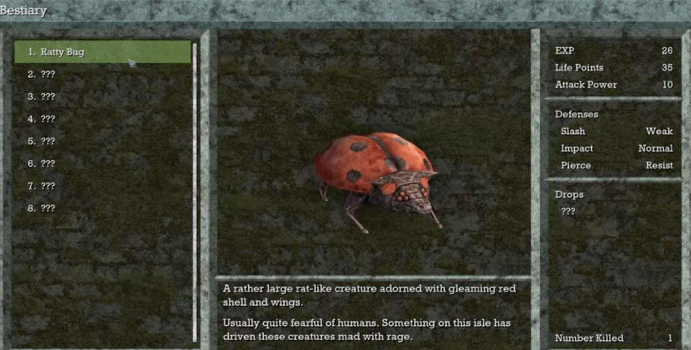 Ratty Bug bestiary entry showing its three damage defense labels.